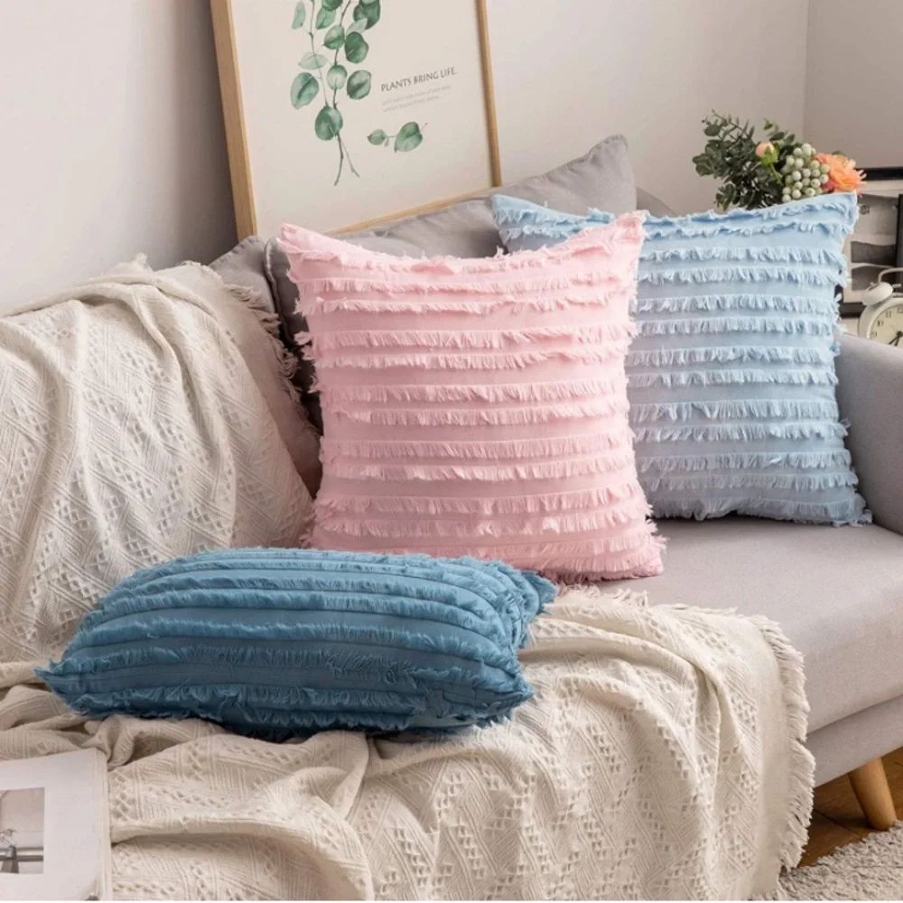 Luxe Home | Oversized Charleston Blue Frayed Striped Jaquard Euro Pillow Covers